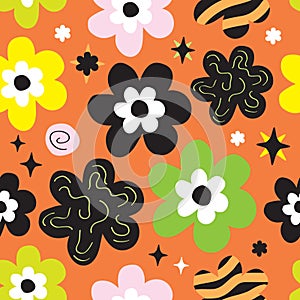 Colorful funky abstract spring daisies naive art abstract pattern on orange background