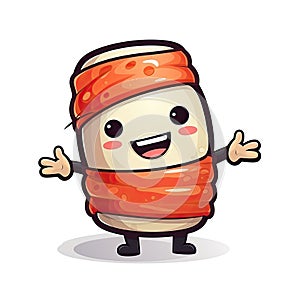 Colorful funny cartoon roll is greeted with a smile on a white background. Flat illustration. Created by AI