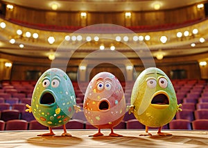 Colorful funny comical Easter eggs with a smile on their face sing song on stage against the background of burning spotlights