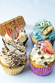 Colorful, funny and delicious muffin cupcakes collection decorated in various styles. Pastries with cream, fruits, cookies and cho