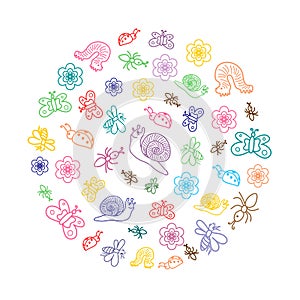 Colorful Funny Doodle Insects. Children Drawings of Cute Bugs, Butterflies, Ants and Snails Arranged ina Circle