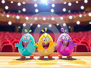 Colorful funny Easter eggs sing a song on stage against the background of bright spotlights