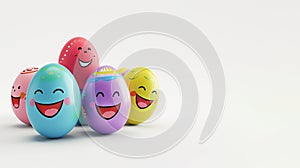 Colorful funny Easter eggs with a smile on their face on a white background