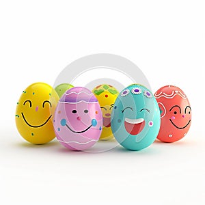 Colorful funny Easter eggs with a smile on their face on a white background