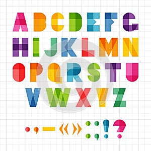 Colorful funny geometric alphabet with overlap effect,vector illustration.