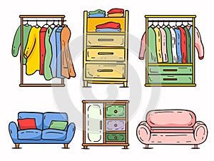 Colorful furniture set featuring wardrobe closet open clothes hanging, drawers colorful folded photo