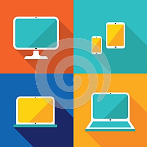 Colorful gadgets set computer,laptop, tablet and mobile phone. Flat design style