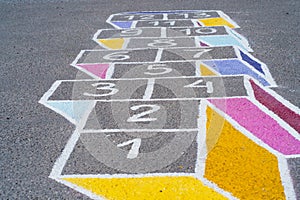 A colorful game of classics. A bright street child's play. Summer games for children. Bright childish drawing with chalk