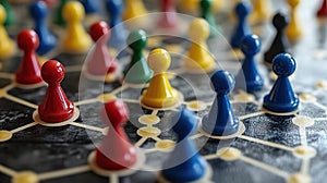 Colorful game pieces on a networked board