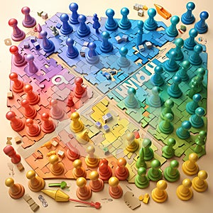 Colorful Gameboard with Pawns and Cubes photo