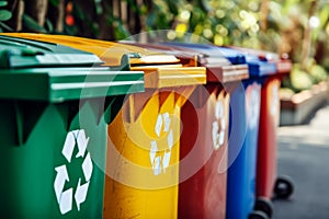 Colorful garbage cans with recycle symbols outdoors