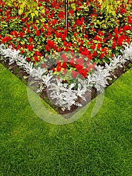 Colorful Garden Flower Bed and Grass Lawn