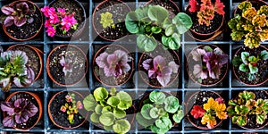 colorful garden flower seedlings in plastic pots. plant nursery. top view