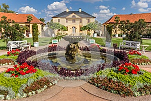 Colorful garden and fountain at the Belvedere castle in Weimar