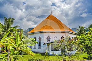 Colorful Garden Papetoai Temple Protestant Church Moorea Tahiti