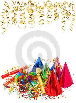 Colorful garlands, golden serpentine and confetti