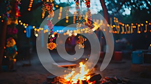 Colorful garlands strung over the fire .