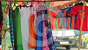 Colorful garments put up for sale in a Sunday fair in Polonnaruwa.