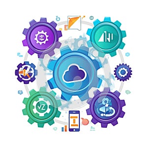 Colorful Gears and Cloud Icon Representing Cloud Computing technology network