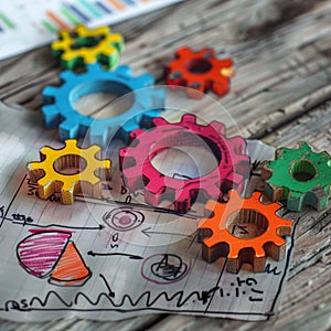 Colorful gears on a desk with sketches of business project. Generative AI