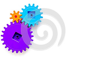 Colorful gears for ideal team work technology white table background top view mock-up