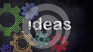 Colorful gears in motions and ideas text on blackboard. 3D illustration