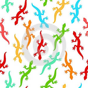 Colorful gecko lizards silhouettes seamless pattern on white, vector