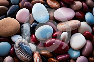 Colorful gemstones crystal pebbles on beach, abstract multicolored sea stone background