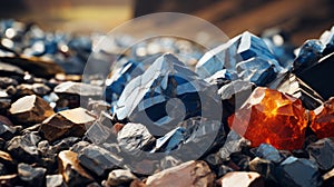 Colorful Gemstones On Wood-covered Boulder: Dark Black And Dark Azure Tilt-shift Photography