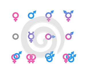 Colorful gender symbol and identity icons on white background.