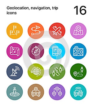 Colorful Geolocation, navigation, trip icons for web and mobile design pack 3