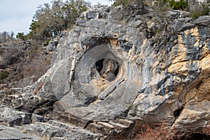 Colorful geology of a Limestone canyon wall, Perdernales Falls Sate Park, Burnet TX