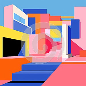 Colorful Geometric Abstraction: Futuristic Stairs And Buildings