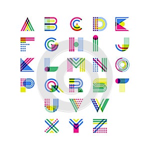 Colorful geometric alphabet. Latin decorative font symbols. Vector logo design elements.