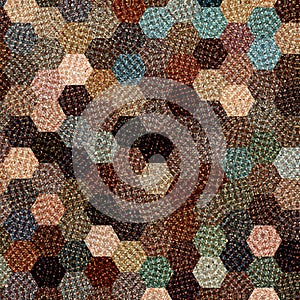 Colorful geometric background in pastel brown, blue and beige with knitted effect, abstract hexagonal pattern