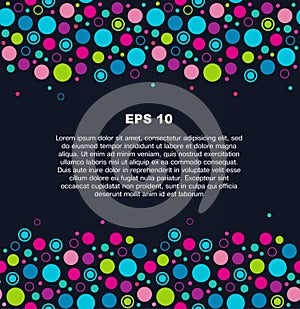 Colorful geometric banner on dark background. Funny border with many multicolor circles.