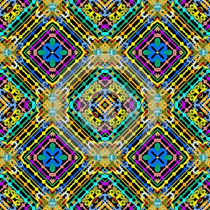Colorful geometric ethnic style vector seamless pattern. Floral tribal background. Ornamental repeat striped backdrop