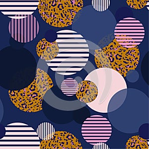 Colorful geometric fill-in with round animal leopard prints and polka dots stripe seamless pattern design for fashion ,