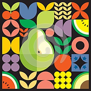 Colorful geometric fruit illustration artwork poster. Scandinavian style flat abstract vector pattern design. Green pear.