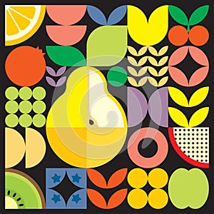 Colorful geometric fruit illustration artwork poster. Scandinavian style flat abstract vector pattern design. Yellow pear.