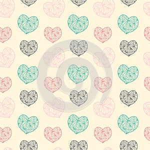 Colorful Geometric Heart Seamless Pattern on Beige.