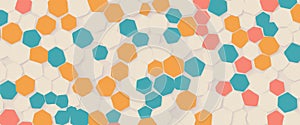 colorful geometric hexagonal smooth rounded pattern featuring irregular pentagonal shapes in shades of teal, orange, pink, and photo