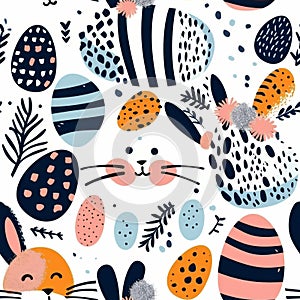 Colorful geometric pattern of easter eggs and rabbits on a white confetti background