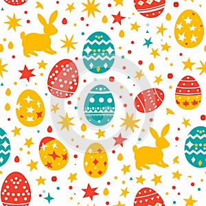 Colorful geometric pattern featuring easter eggs and rabbits on a white confetti background