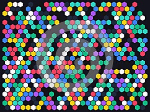 A colorful geometric pattern featuring interlocking hexagonal shapes.