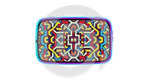 Colorful geometric pattern with vibrant lines and shapes on a rectangular