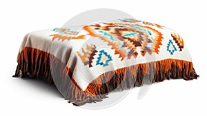 Colorful geometric patterned blanket with fringed edges on a white background photo