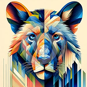 Colorful geometric representation of a lions face blending modern art with wildlife themes