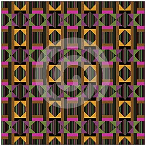Colorful Geometric Seamless Optical Pattern background, Striped Diamonds, Structural Squares, Symmetric Rotational Repeats, Retro