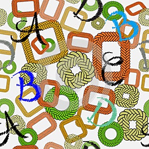 Colorful geometric seamless pattern. Vector ornamental abc background. Grunge embroidery letters, braided geometry shapes, lines.